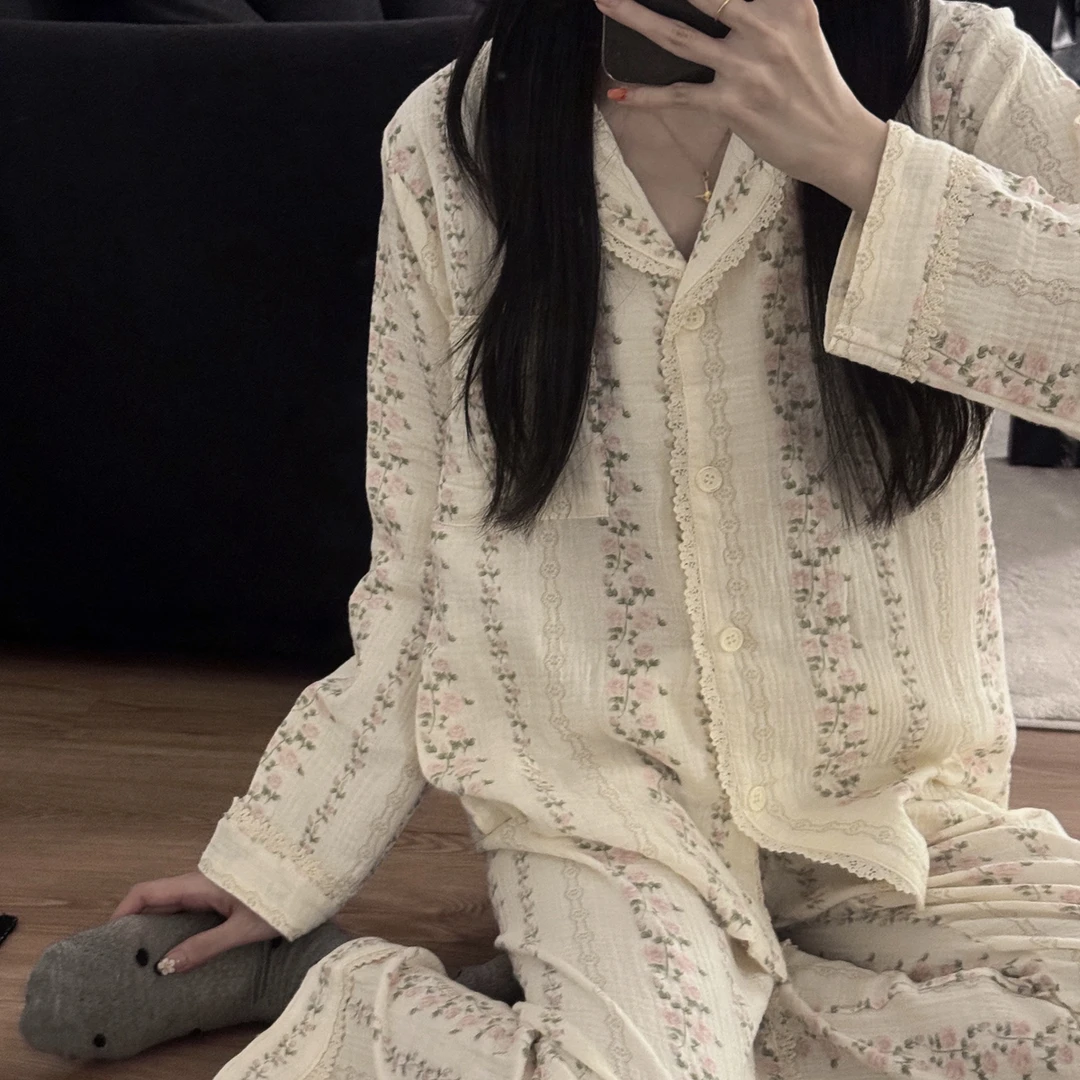 双层棉纱爆款花边睡衣女长袖长款秋冬季纯棉开衫女士家居服套装