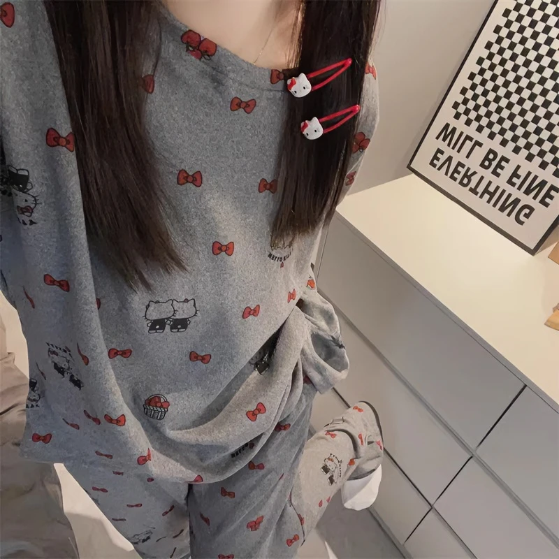 韩版ins秋冬睡衣女厚德绒灰色Kitty猫圆领长袖长裤磨毛家居服套装