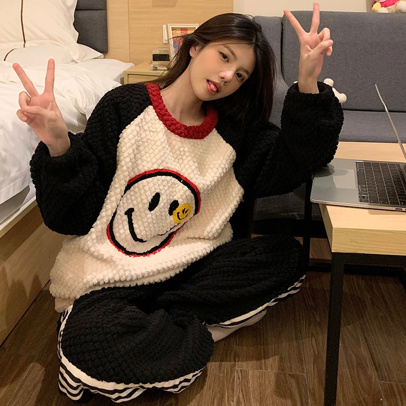 笑脸学生冬款女士女加绒加厚舒适保暖宿舍套装可爱卡通冬天家居服