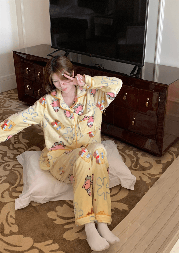 珊瑚绒睡衣女秋冬季加厚加绒冬天保暖法兰绒卡通派大星可爱家居服