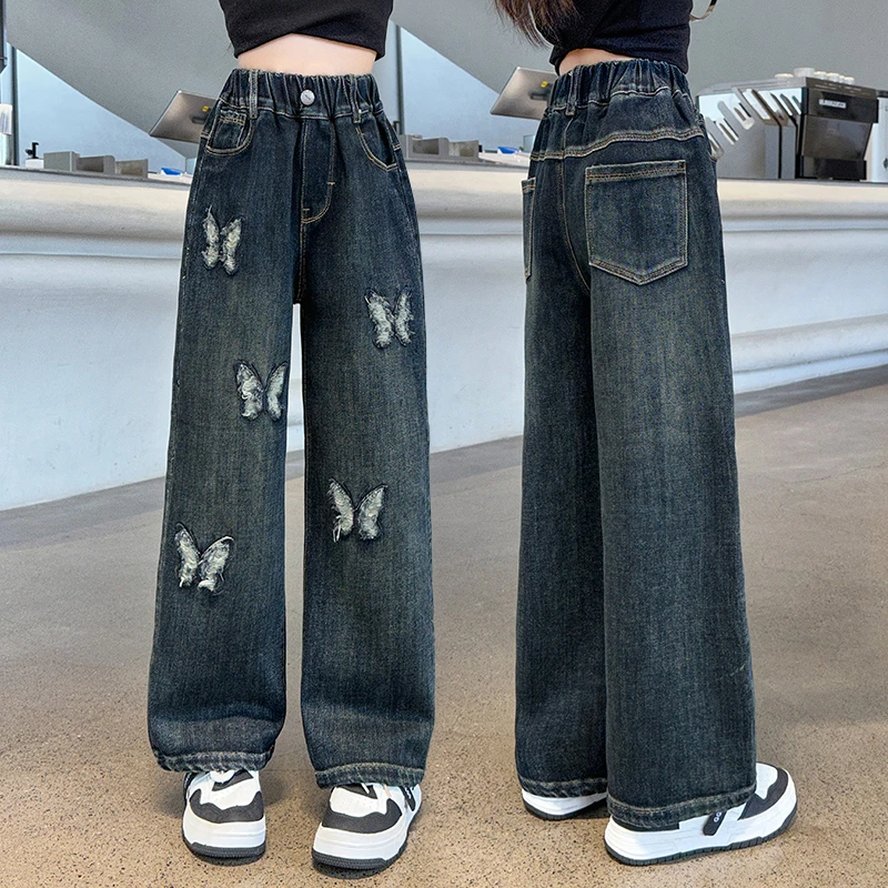 女童加绒裤子儿童牛仔裤春秋2025新款中大童一体绒洋气休闲阔腿裤