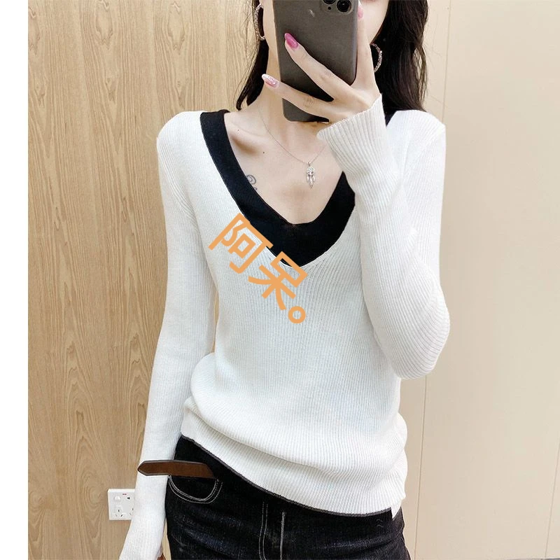 欧洲站2024秋冬季新款假两件V领针织打底衫女长袖修身百搭毛衣