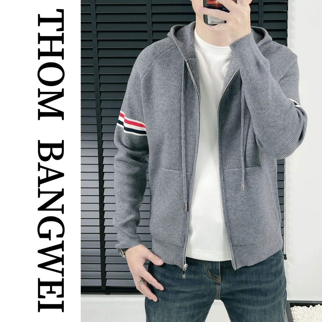 THOM BANGWEI/汤姆帮威绵羊毛冬季男士连帽拉链针织开衫连帽衫