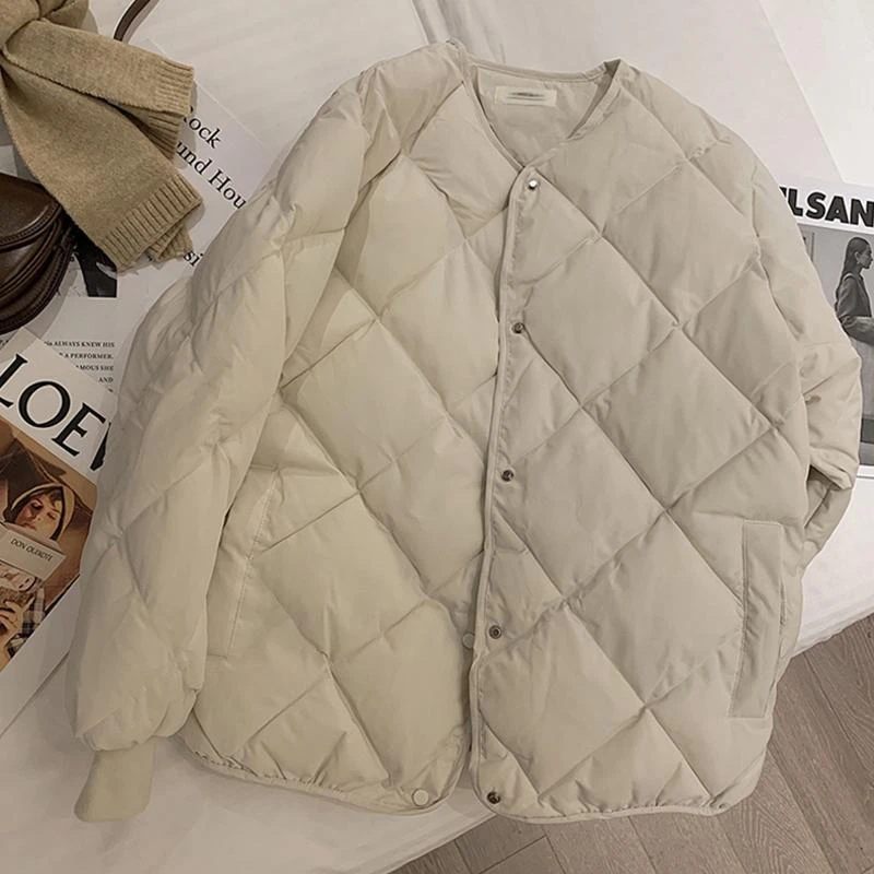 新款羽绒服短款羽绒服2023新款女款设计感菱格茧型轻薄羽绒服外