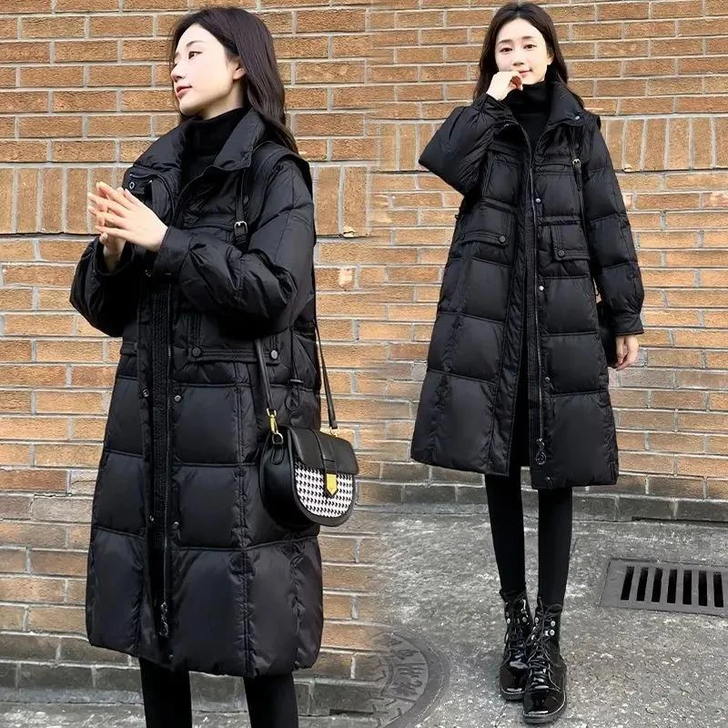 2023新款羽绒羽绒服女中长款修身收腰海军立领黑色羽绒服百