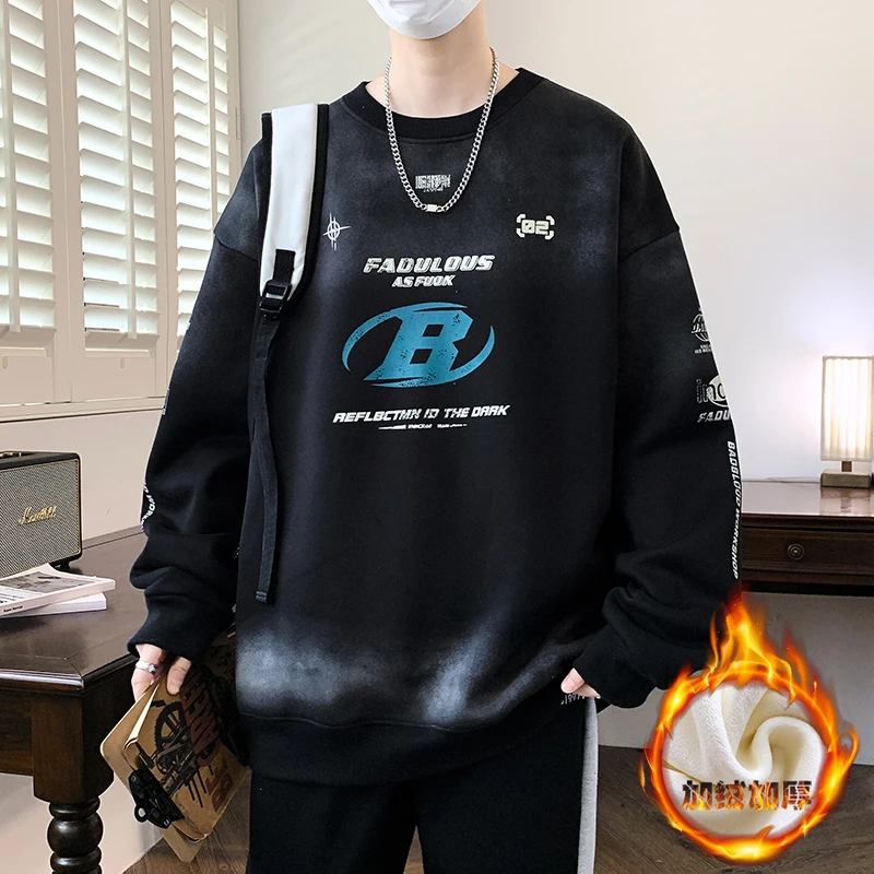 秋冬季新款青少年中学生港风男生圆领套头加绒加厚休闲卫衣打底衫