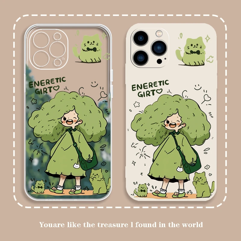 春天绿色头发猫咪女孩手机壳苹果15适用华为荣耀VIVOOPPO一加小米