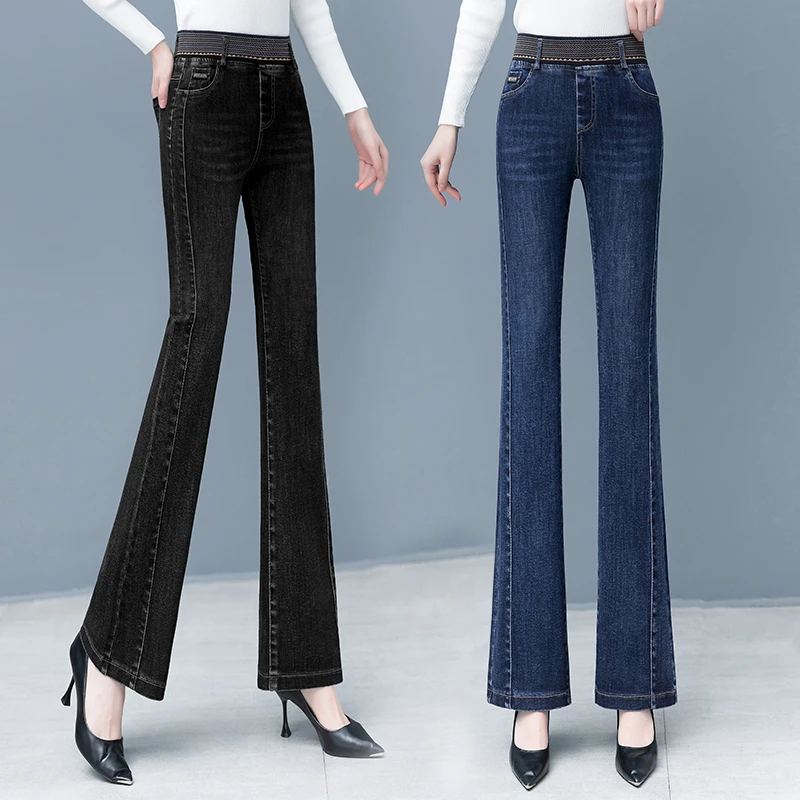 松紧腰微喇牛仔裤女高腰修身2024年春季新款显瘦弹力直筒喇叭6807