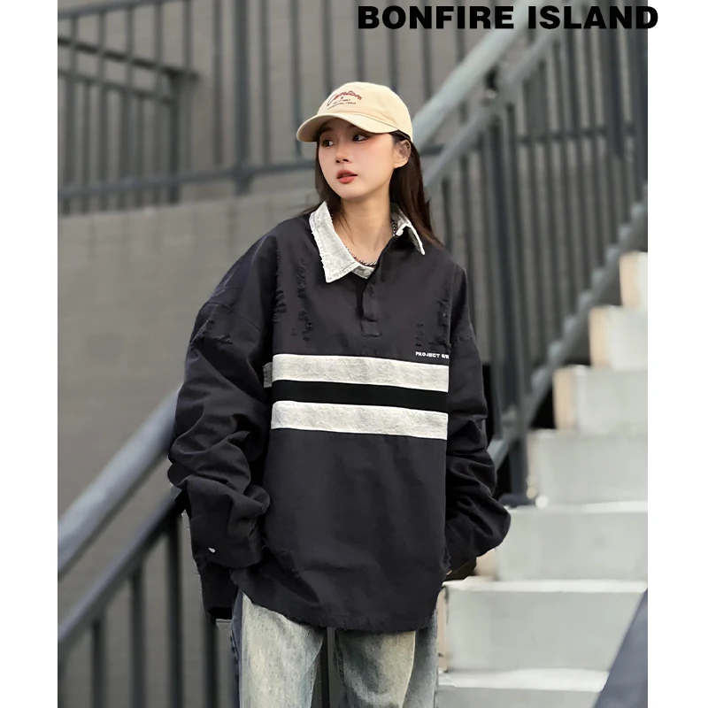 BONIS 美式重磅GRAILZ牛仔做旧破坏polo长袖OS双层高低领韩系卫衣