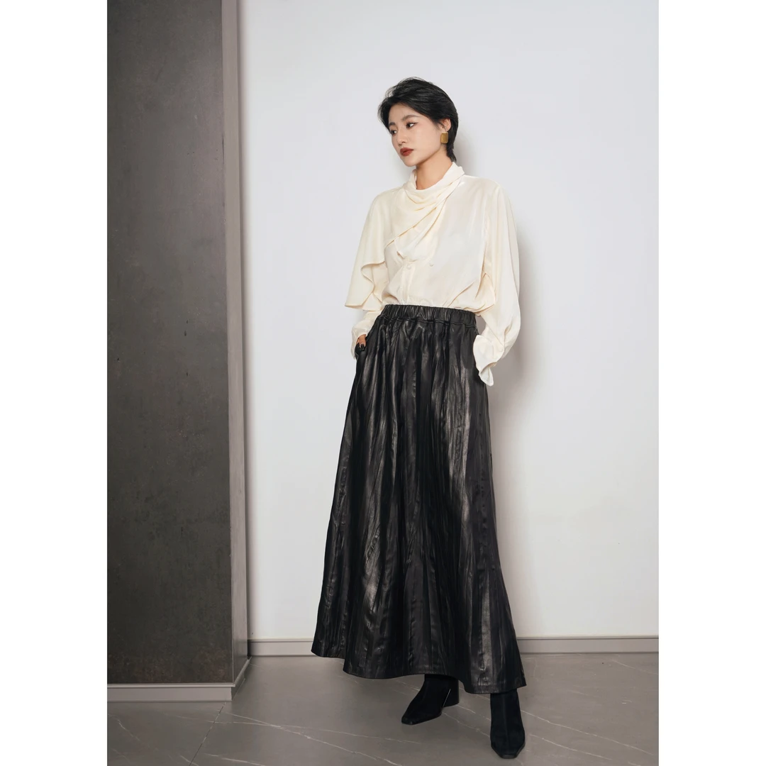 【柏林之冬】高奢无拼接进口羊皮松紧压褶皱冬季百搭真皮半身长裙