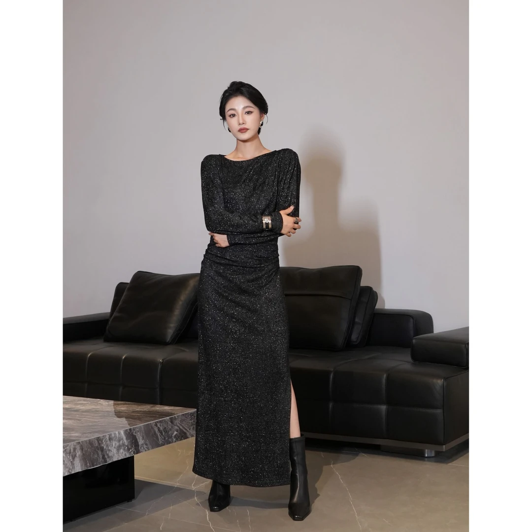 【生辉】黑银交织弹力秋冬磨毛闪亮打底or单穿褶皱设计长款连衣裙