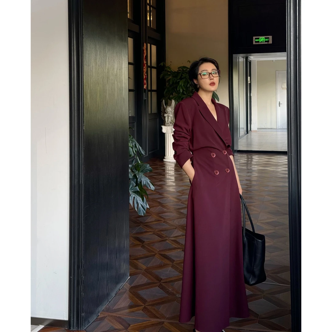 【柏林之秋】 勃艮第红造型立裁长款双排西装鱼尾秋季长外套连衣裙