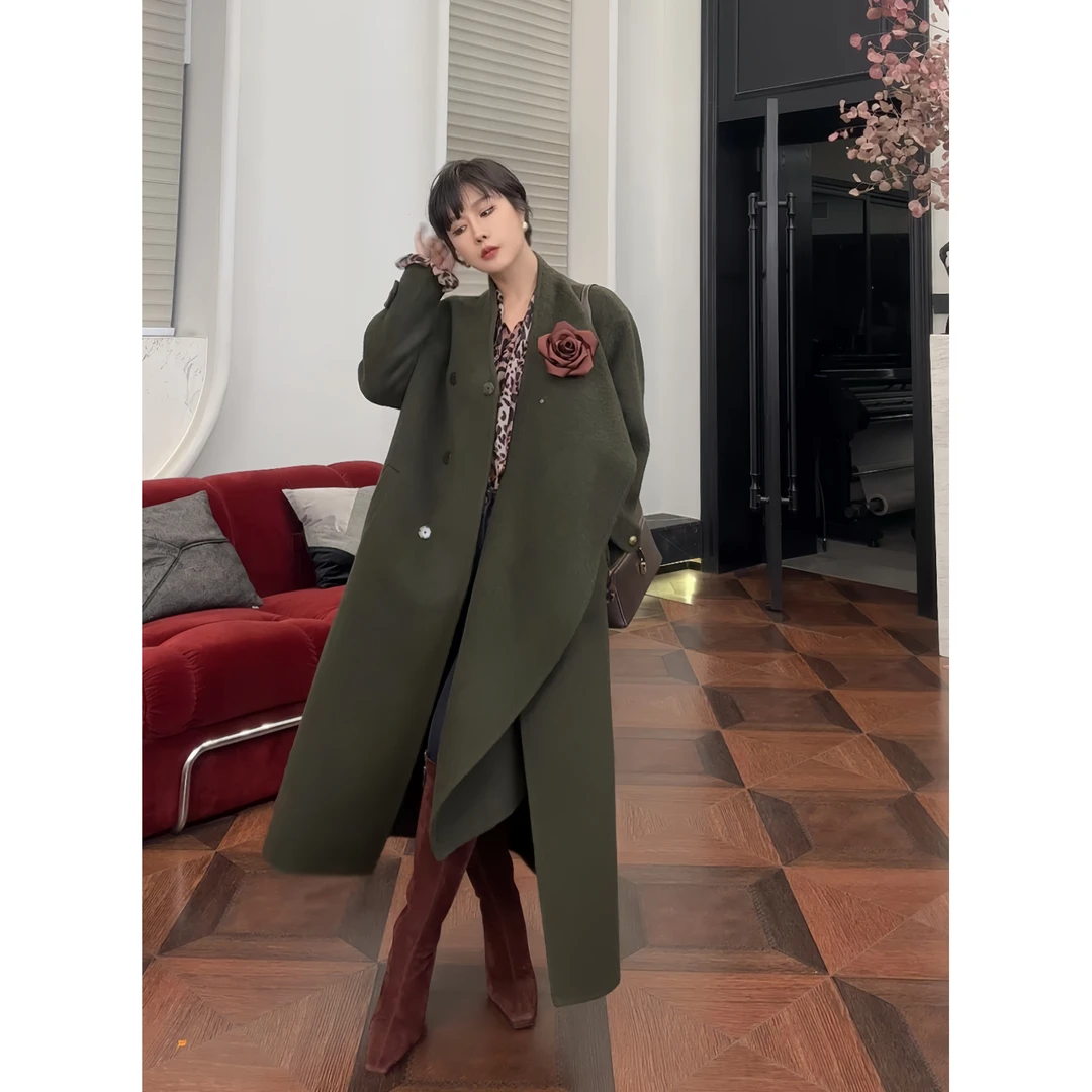 【大漠之花】冬季三种造型慵懒美学羊毛牦牛绒蚕丝双面呢手工长大衣