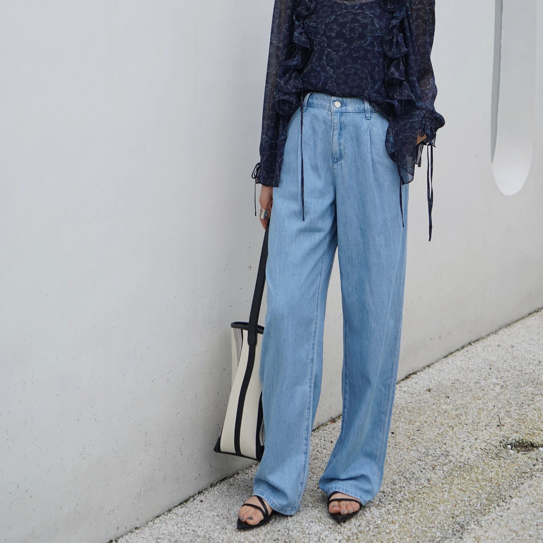 【nan友裤】帅气碰撞精致 宽松插兜收褶夏季柔软牛仔西裤