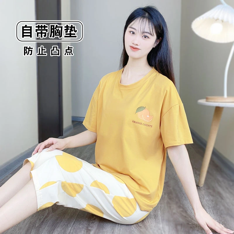 【纯棉短袖七分裤】睡衣女纯棉100%全棉宽松大码带胸垫家居服套装