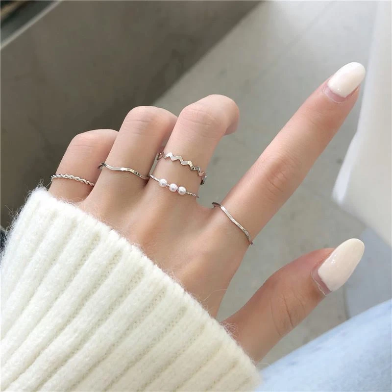 戒指女日韩简约in珠珠波浪形组合戒指五件套个性指环网