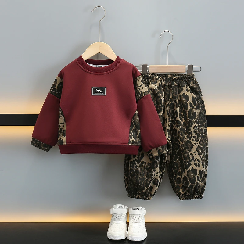 男童秋款套装2024新款豹纹休闲儿童卫衣两件套潮春秋运动洋气男宝
