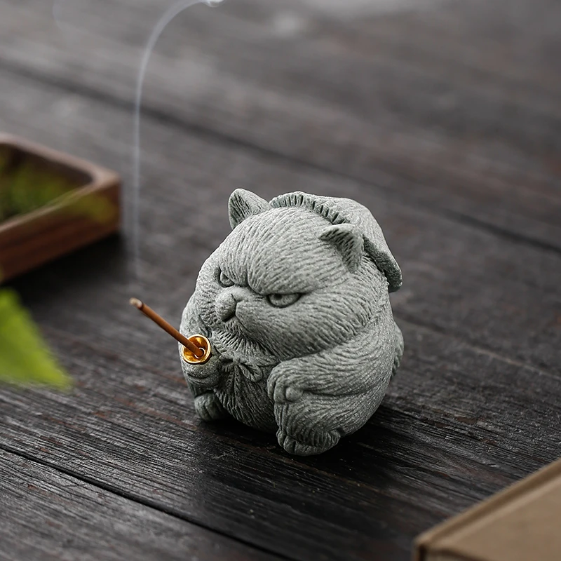 肆坊壹品青砂石老猫钓鱼创意侠客小猫茶宠摆件可爱香插鱼缸盆栽