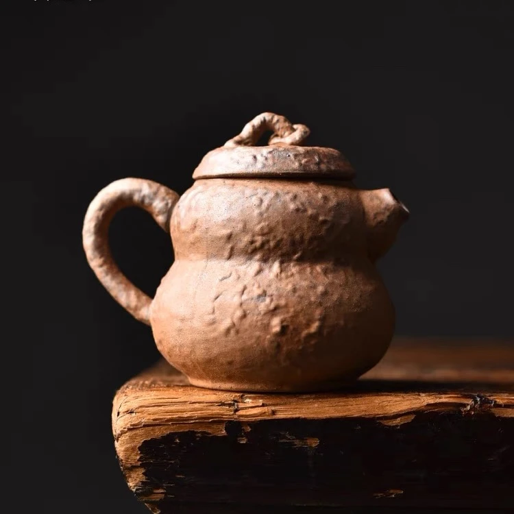 原矿粗陶泡茶福禄葫芦壶手工手捏茶具单壶老岩泥小容量小茶壶茶器