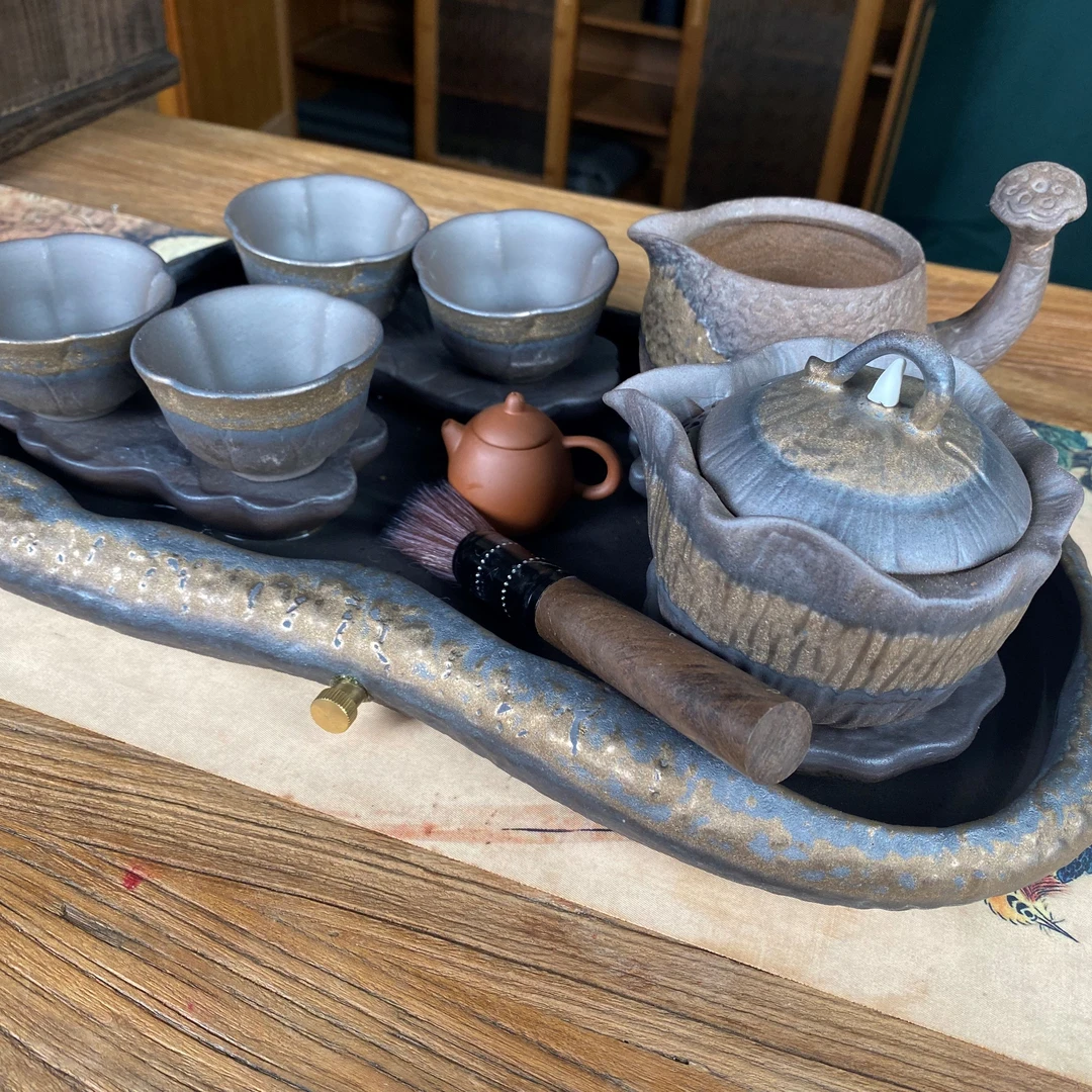 老陶泥整套茶具茶盘茶壶四瓣荷花杯指尖壶茶宠养壶笔大四莲套组