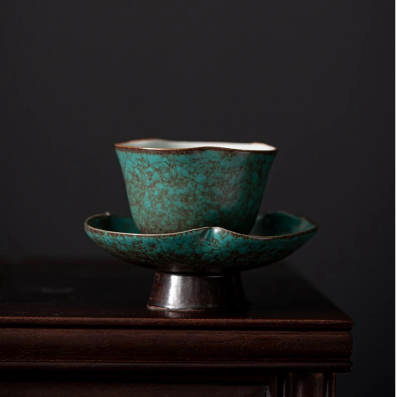 肆坊壹品松石绿茶杯复古窑变杯垫陶瓷创意功夫茶具配件梅花三瓣杯