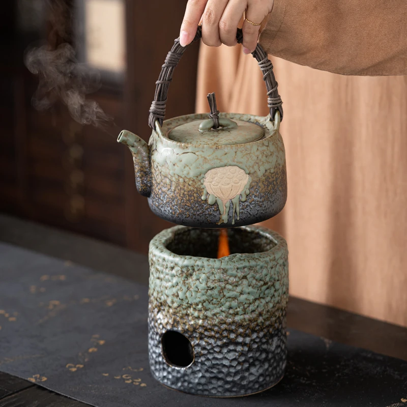 岩生窑变提梁壶围炉煮茶整套茶壶家用粗陶茶具套装酒精明火电陶炉