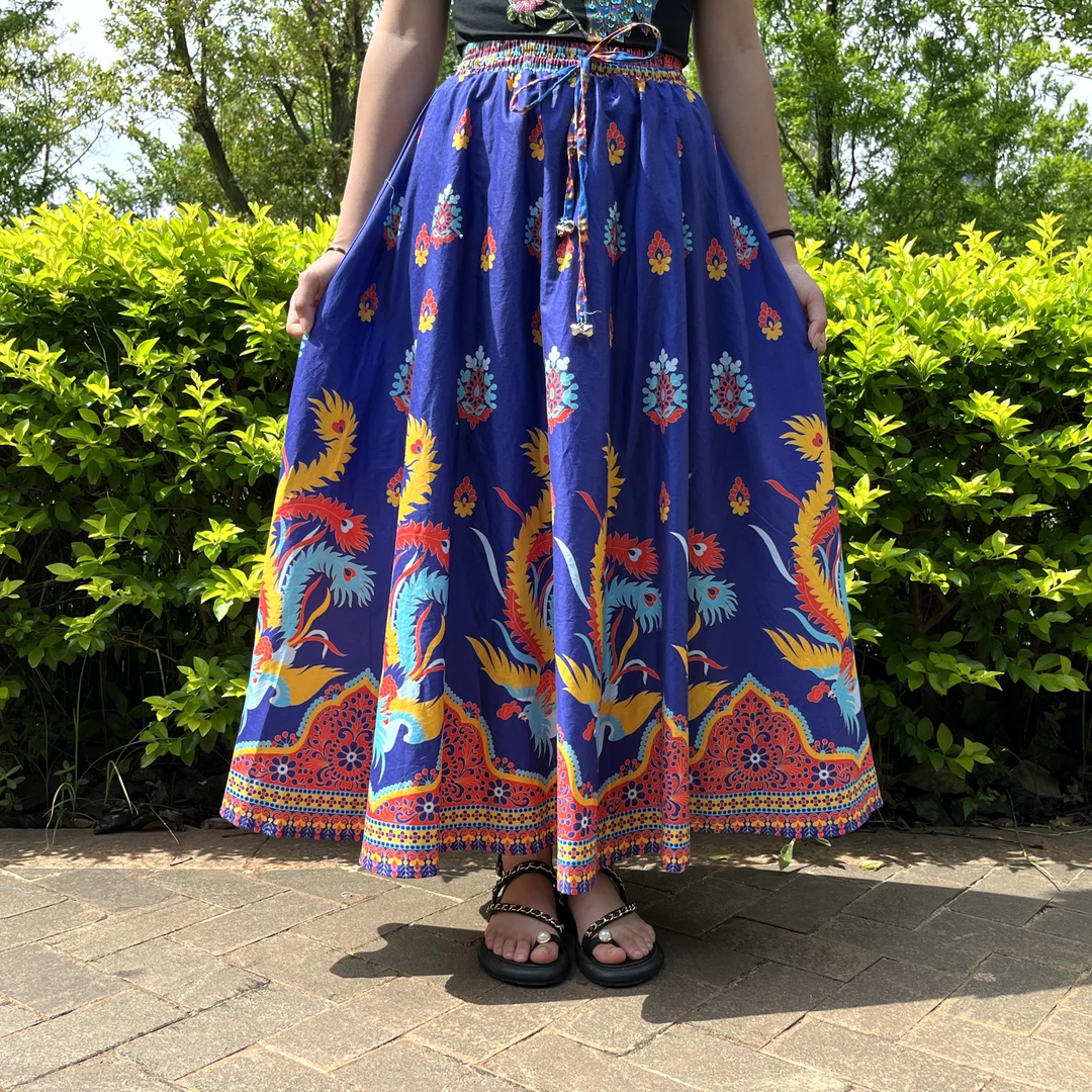 民族风碎花女装半身裙夏春夏民族风印花松紧腰长款夏季复古薄款