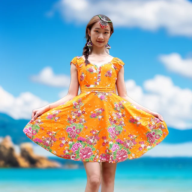 泰国手工钉珠亮片大摆连衣裙收腰显瘦纯棉夏季洋气甜美法式温柔风