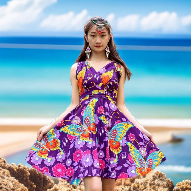 昱朵性感钉珠亮片民族风显瘦时尚女装连衣裙修身女士无袖夜场印花