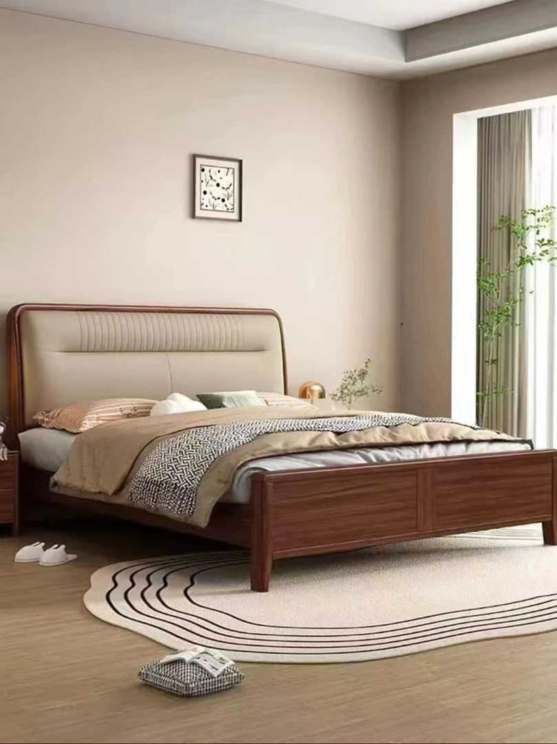 B18#胡桃木轻奢实木大床主卧室家用高箱x2成套储物婚房简约