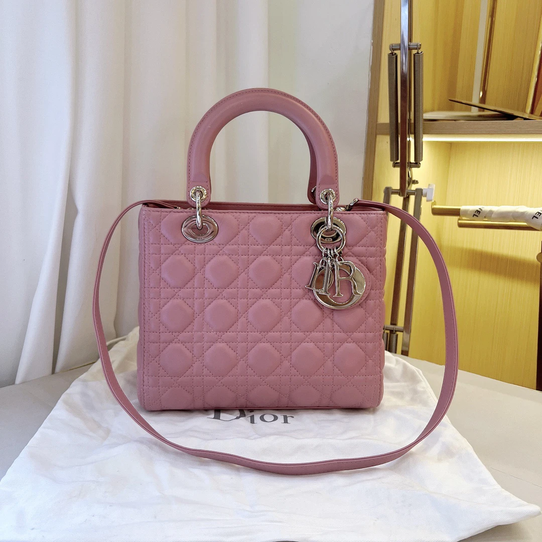 99新 DIOR/迪奥 皮粉色 藤格纹 戴妃五格 可手提斜挎
