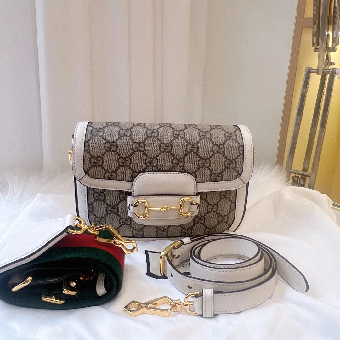 99新 GUCCI/古驰 白色老花1955mini邮差包单肩斜挎包 两根肩带