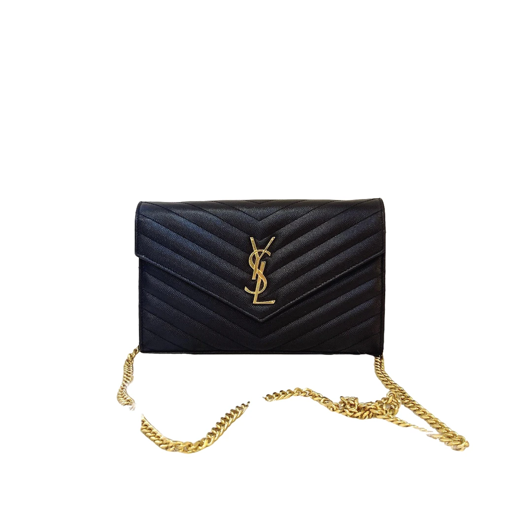 95新 YSL/圣罗兰 经典 黑金鱼子酱信封包链条包 中号 可单肩斜挎