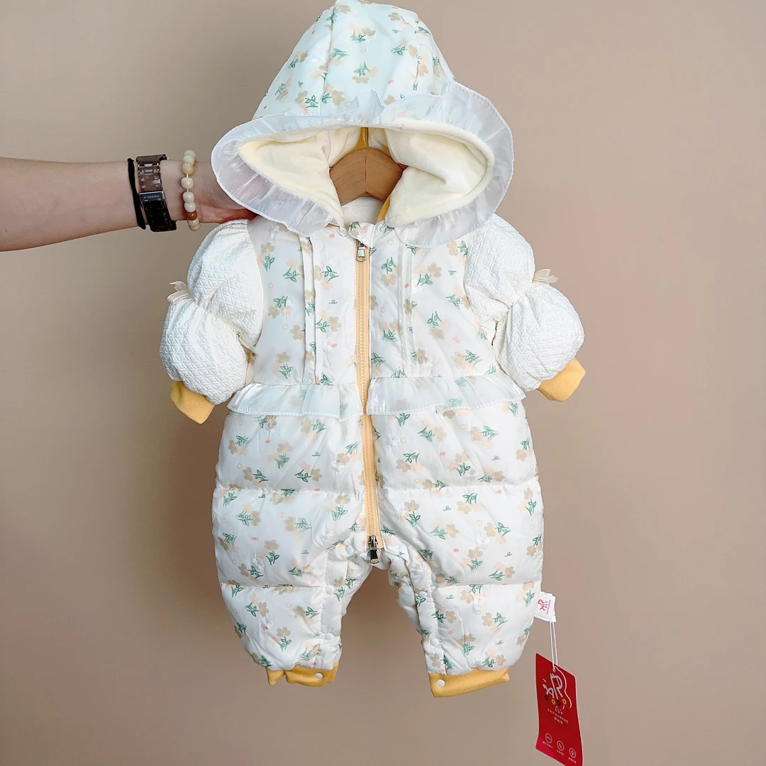 婴儿连体羽绒服秋冬韩系清新碎花欧根纱羽绒爬服加绒加厚6513