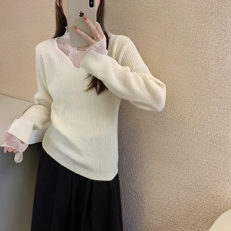 打底衣女秋冬低领长袖针织衫蕾丝洋气百搭黑色修身秋冬套头显瘦