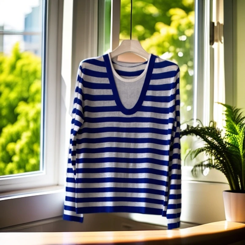 双层领条纹上衣针织长袖百搭休闲宽松秋冬时尚条纹时尚款显瘦圆领