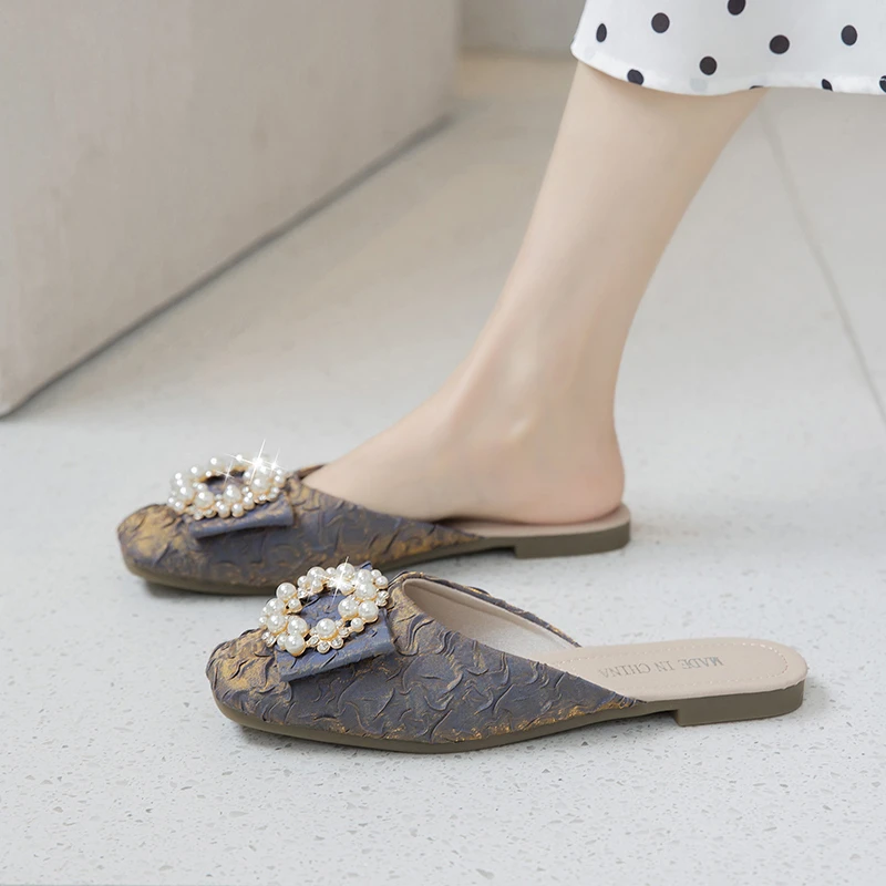 包头半拖鞋女夏外穿2025年春秋新款方头懒人穆勒平底单鞋凉拖鞋子