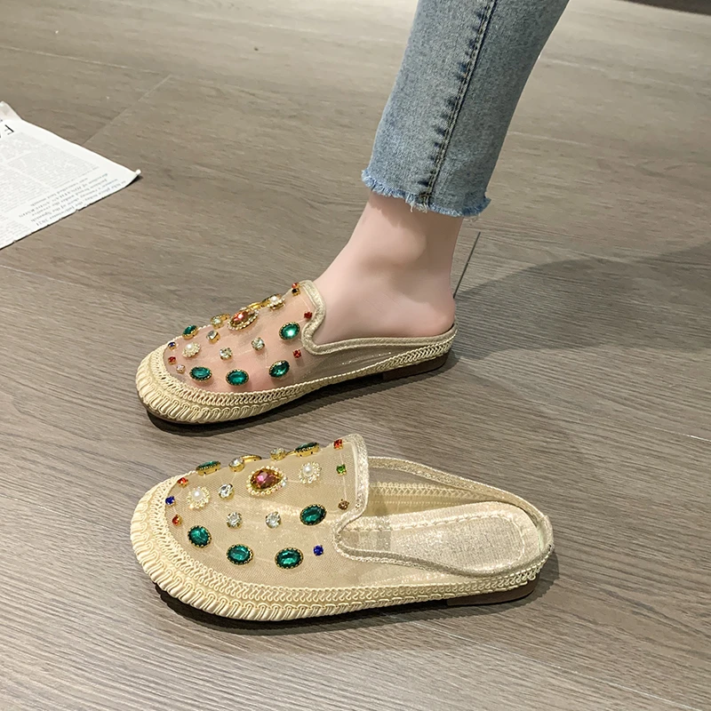 渔夫鞋女2025新款春夏季网纱透气水钻平底休闲百搭懒人包头半拖鞋