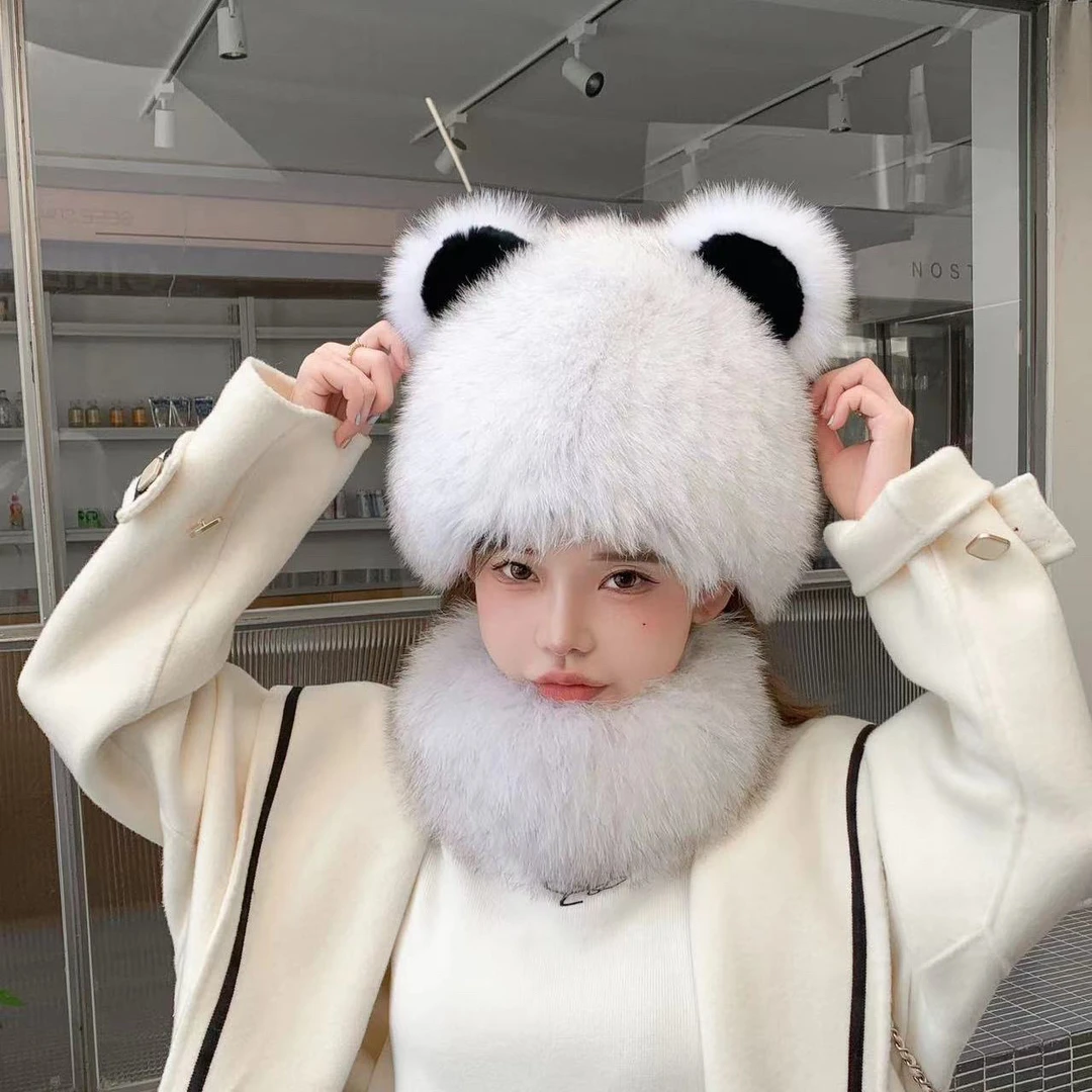 女士真狐狸毛可爱小熊帽子女冬季甜美加厚保暖真皮草包头帽风雪帽