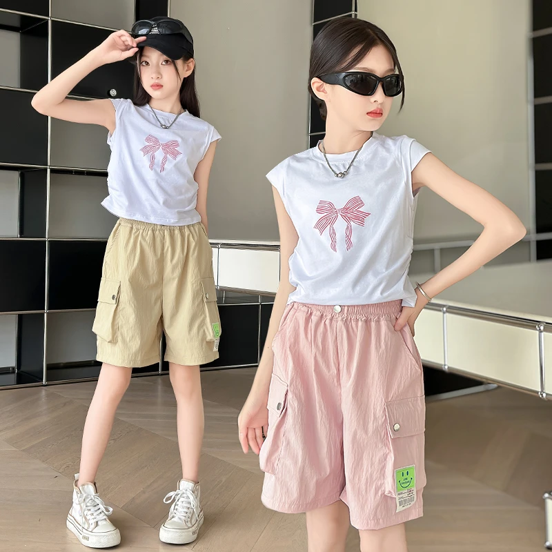 女童短袖套装2025夏装时尚儿童中大童休闲冰丝工装短裤夏季两件套