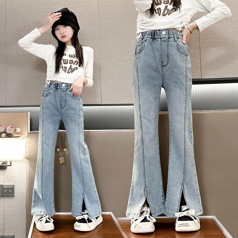 女童裤子2024新款春秋洋气儿童中大童学生长裤微喇叭裤开叉牛仔裤