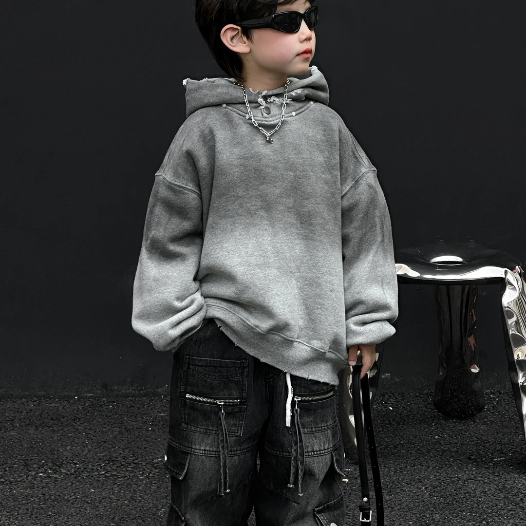 麦哟哟儿童冬季加绒渐变卫衣洋气时尚连帽潮酷韩版休闲加厚潮酷风