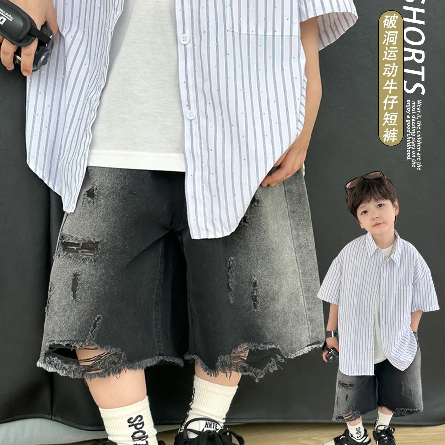 麦哟哟男童夏季牛仔短裤直筒潮流港风韩版薄款破洞百搭宽松休闲