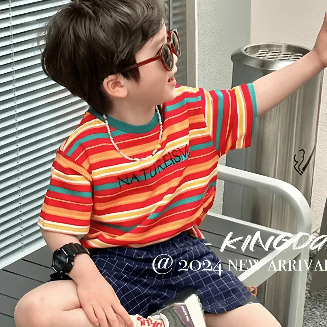 儿童短袖t恤夏装体恤夏季新款男女孩半袖中亲子小童纯棉条纹T潮