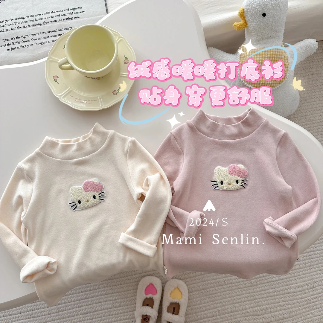 女童保暖打底衫秋冬T恤童百搭KT卡通小猫加厚德绒上衣打底半高领
