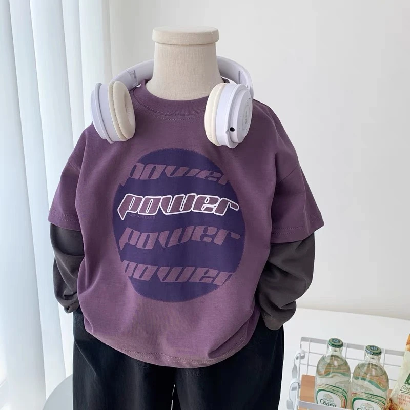 儿童春季长袖新款帅气宝宝上衣韩版字母印花假两件男童T恤潮休闲