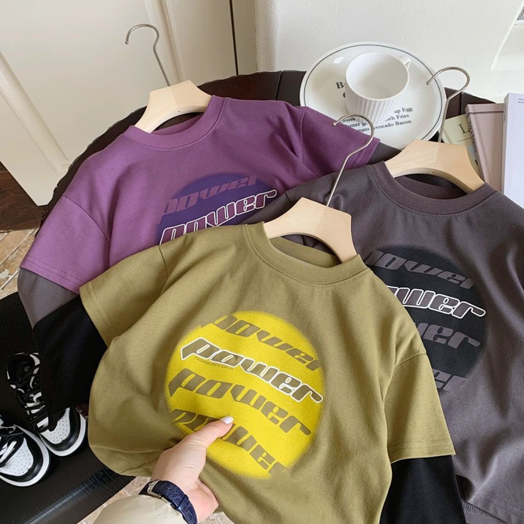 儿童宽松韩版圆领假两件打底衫春新款男女童棉质亲肤舒适t恤休闲