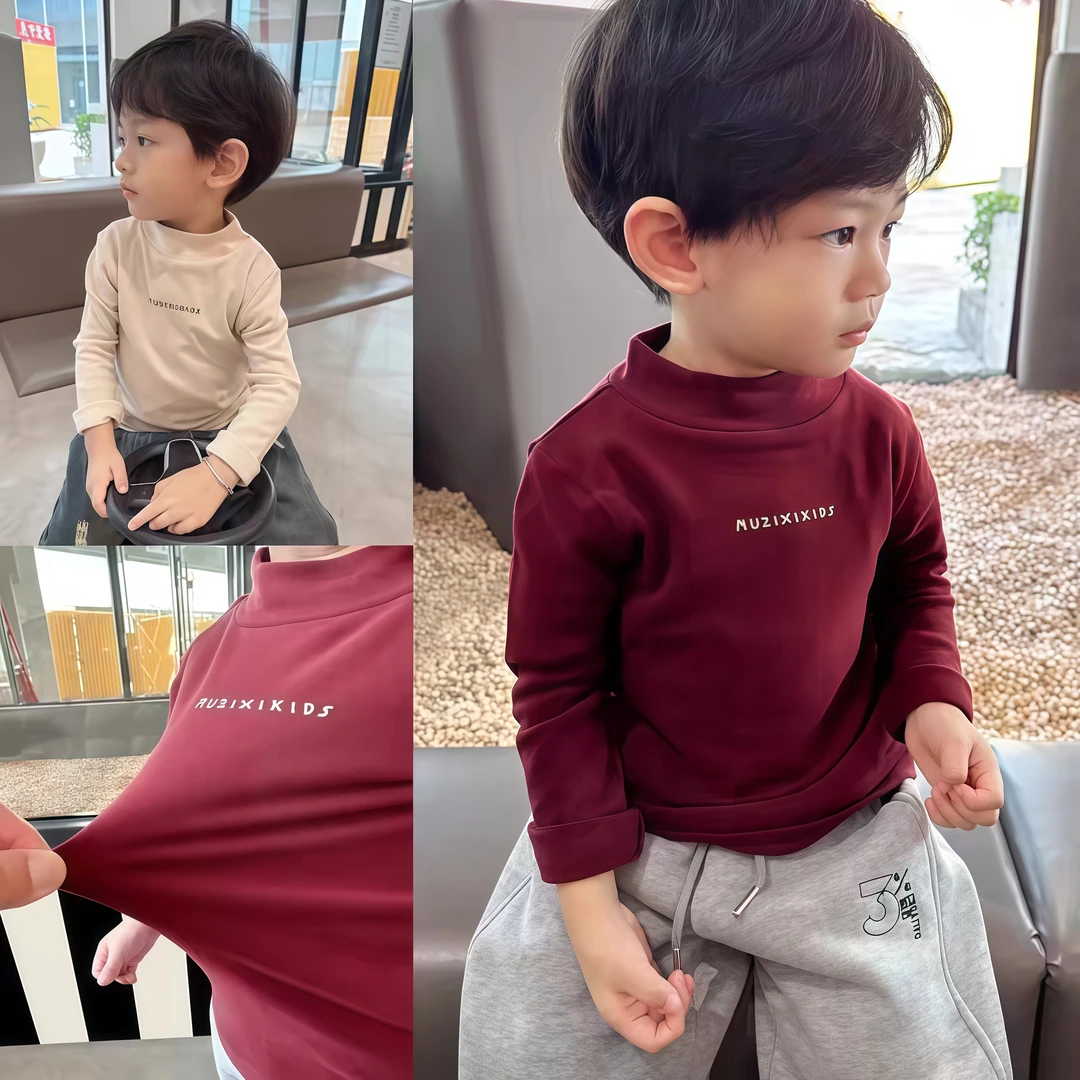巨软糯~男童高弹力半高领德绒打底衫秋冬季中小童宝宝百搭内搭T恤