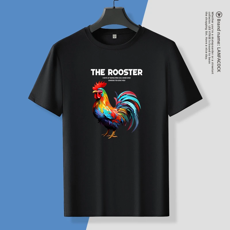 兰法公鸡男士冰丝莫代尔短袖t恤弹力大码宽松运动休闲印花半截袖