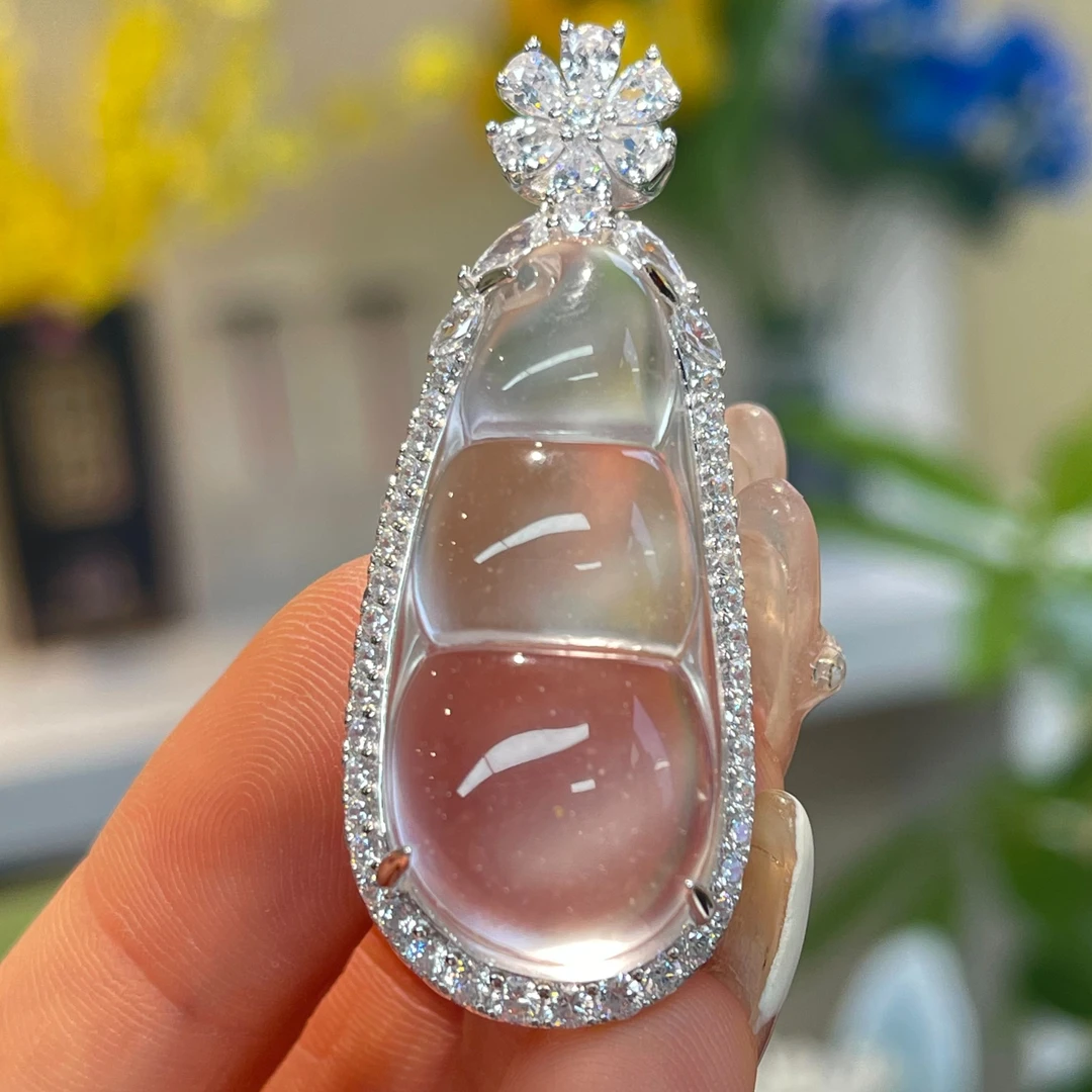 QIAOZUN/巧尊天然福豆石英质玉925银冰透精美吊坠冰飘雪花棉挂坠
